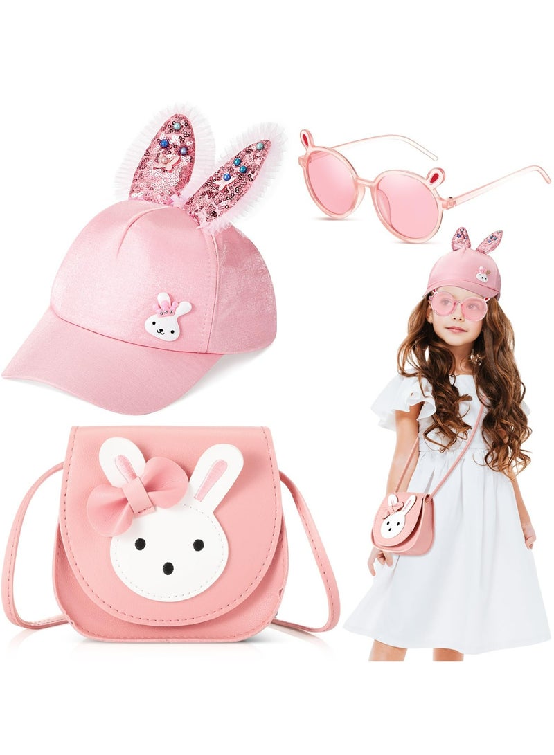 CMGTYYD Girls Handbag Set, 3 Pcs Cute Rabbit Girls' Shoulder Bags with Adjustable Strap, Leather Crossbody Bag Bunny Hats Kids Bunny Cartoon Sunglasses with Rabbit Ears, Children Toddlers Gift Pink - Image 1