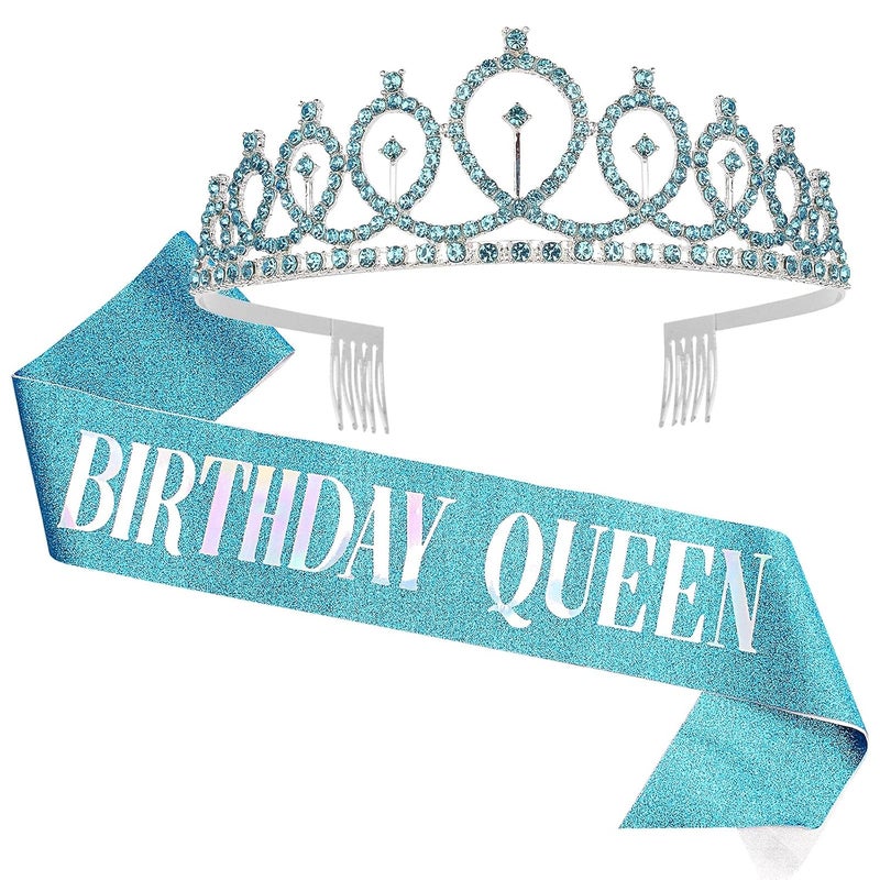 Cavetee Blue Birthday Crowns & Tiara Set - Queen Sash & Rhinestone Tiara for Women - Bluey Party Supplies (Multi Color Letter) - Image 1