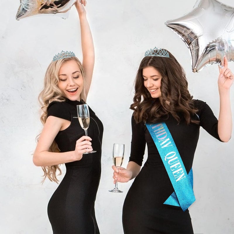 Cavetee Blue Birthday Crowns & Tiara Set - Queen Sash & Rhinestone Tiara for Women - Bluey Party Supplies (Multi Color Letter) - Image 3