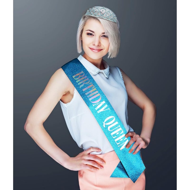 Cavetee Blue Birthday Crowns & Tiara Set - Queen Sash & Rhinestone Tiara for Women - Bluey Party Supplies (Multi Color Letter) - Image 2