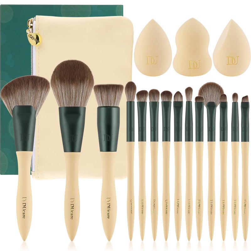 DUcare Makeup Brushes 14Pcs with 3Pcs Makeup Spong Cosmetic Bag Lime Mojito Series Makeup Brush Set for Foundation Blending Face Powder Blush Concealers Eye Shadows