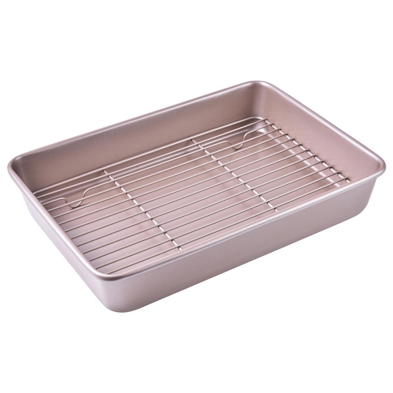 Bakeley 13Inch Nonstick Roasting Baking Pan with Wire Rack1Pan 1Rack NonStick Rectangular Deep Dish OvenBBQ Bakeware for Oven Baking 1378 x 984 x 236 Champagne Gold