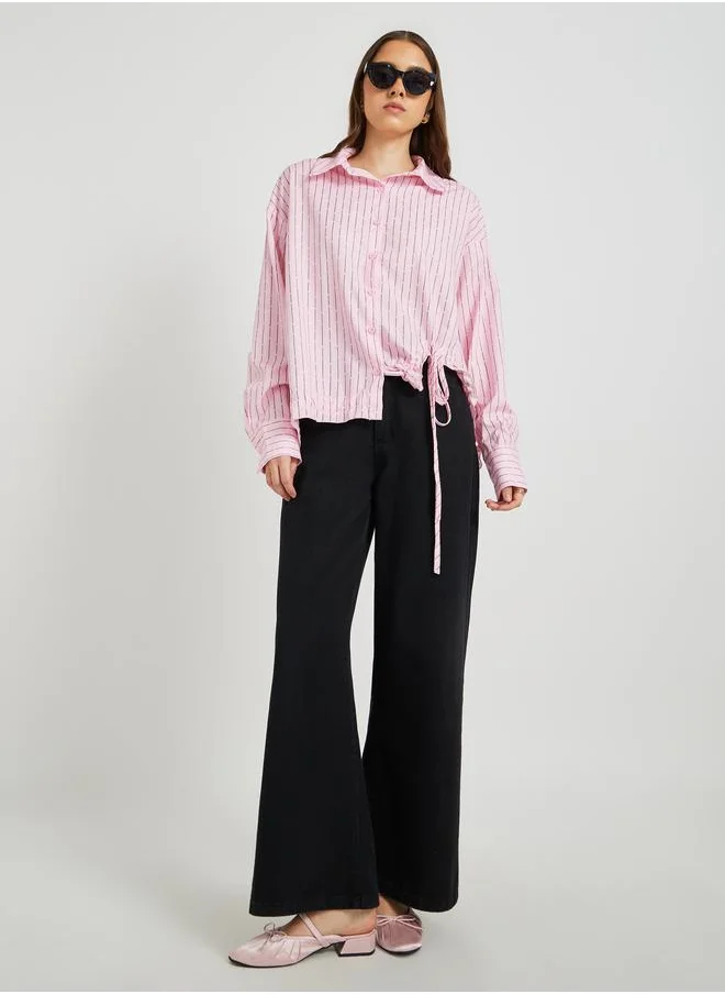 تايك تو Take Two Striped Drawstring Hem Oversized Shirt