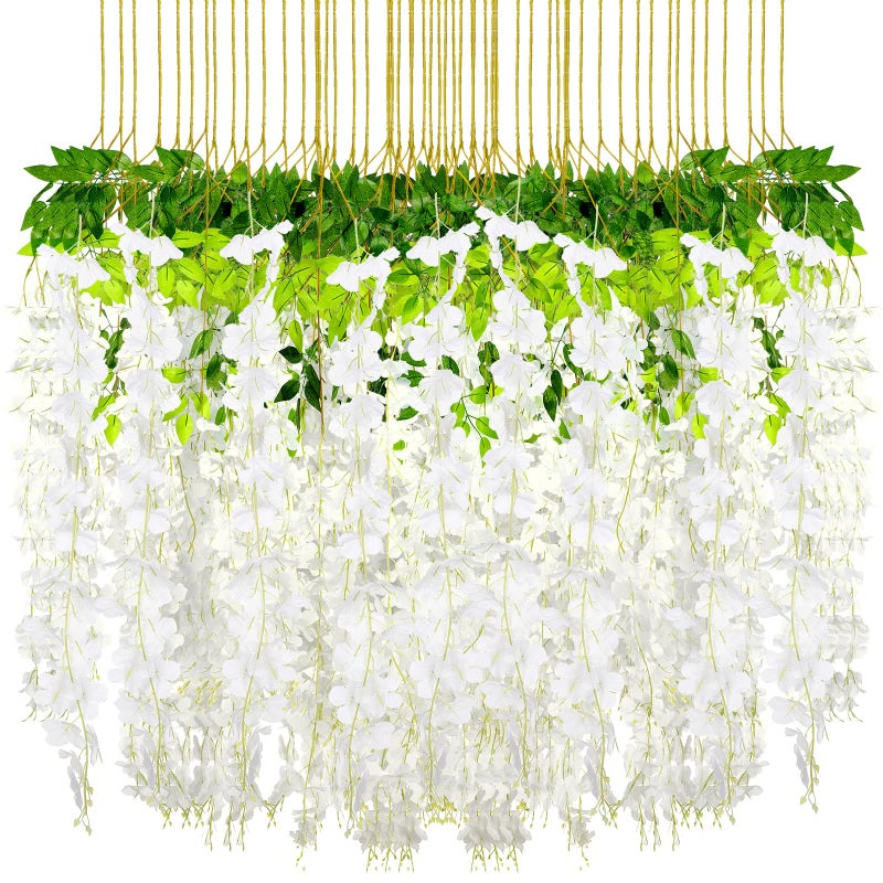 108 Pack 432 in 36 ft Artificial Fake Wisteria Hanging Flowers Wisteria Faux Flowers Garland Silk Vine Rattan Long Hanging Flowers String for Home Outdoor Wedding PartyMilky