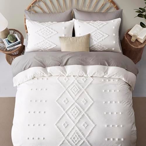 Oli Anderson Tufted Duvet Cover King Size, Soft and Lightweight Duvet Covers Set for All Seasons, 3 Pieces Boho Embroidery Shabby Chic Bedding Set (White, King, 104" x 90") - Image 2