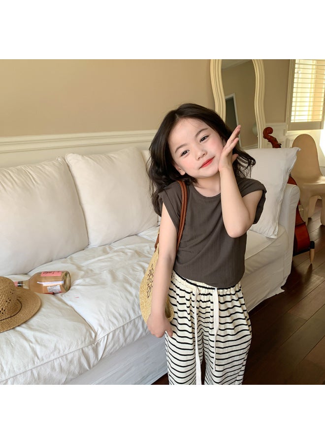 Boys And Girls Summer Thin Solid Color Rolled Sleeve Short Sleeve Top Base Shirt Children's Sleeveless Vest T-shirt Tank Top