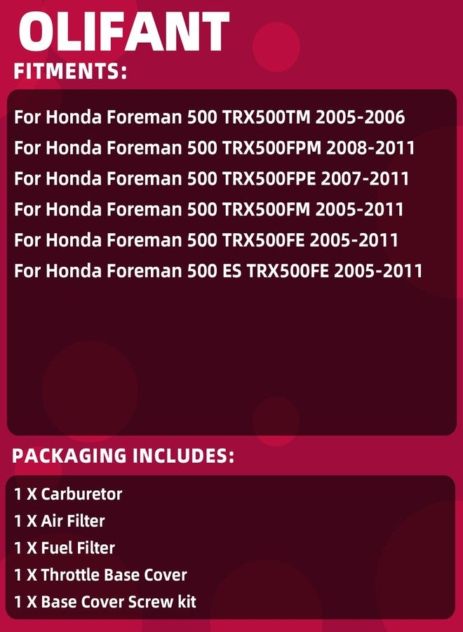 OLIFANT مكربن أوليفانت لهوندا فورمان 500 موديلات 2005-2011 TRX500TM TRX500FPM TRX500FPE TRX500FM TRX500FE مع فلتر هواء - Image 2