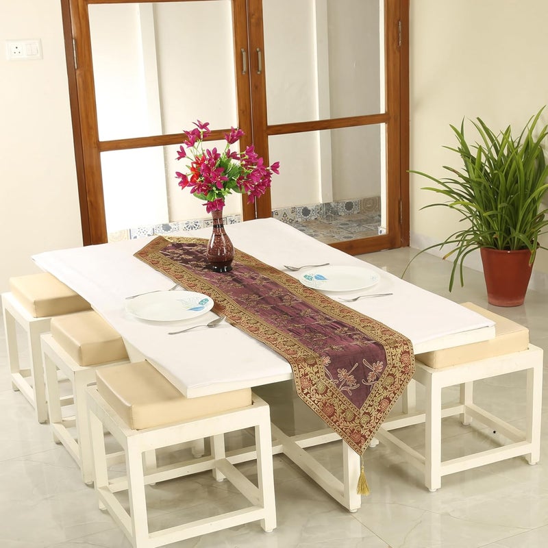 Colovila Silk Dining Table Runner with Golden Hand Embroidery Work 14 x 72 Inches for 46 Seater Dining Center Table Coffee Brown - Image 2