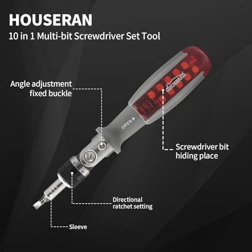 HOUSERAN Ratcheting Screwdriver, Ratcheting Screwdriver Set, 10-in-1 Multi Bit Screwdriver, 90-Degree Adjust Precision Screw Driver, Electrical and Electronics Ratchet Driver, Slotted/Philips/Torx - Image 3