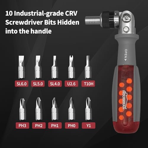 HOUSERAN Ratcheting Screwdriver, Ratcheting Screwdriver Set, 10-in-1 Multi Bit Screwdriver, 90-Degree Adjust Precision Screw Driver, Electrical and Electronics Ratchet Driver, Slotted/Philips/Torx - Image 4