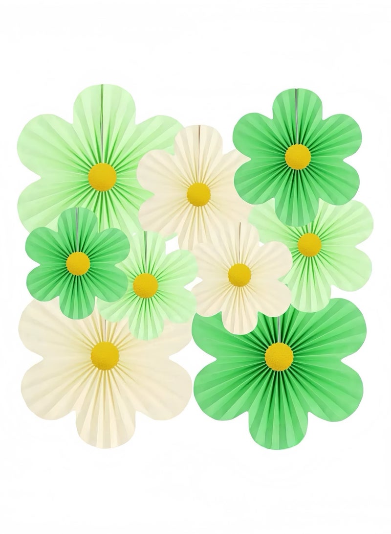 9Pcs Paper Flower Fans Hanging Decorations, 3 Sizes 8/10/14 Inch Green & Cream Origami Paper Fan, Ramadan Eid Birthday Baby Shower Party Ceiling Wall Ornament Home Decor - Image 1
