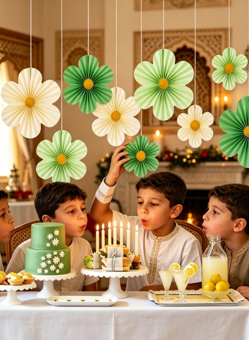 9Pcs Paper Flower Fans Hanging Decorations, 3 Sizes 8/10/14 Inch Green & Cream Origami Paper Fan, Ramadan Eid Birthday Baby Shower Party Ceiling Wall Ornament Home Decor - Image 2