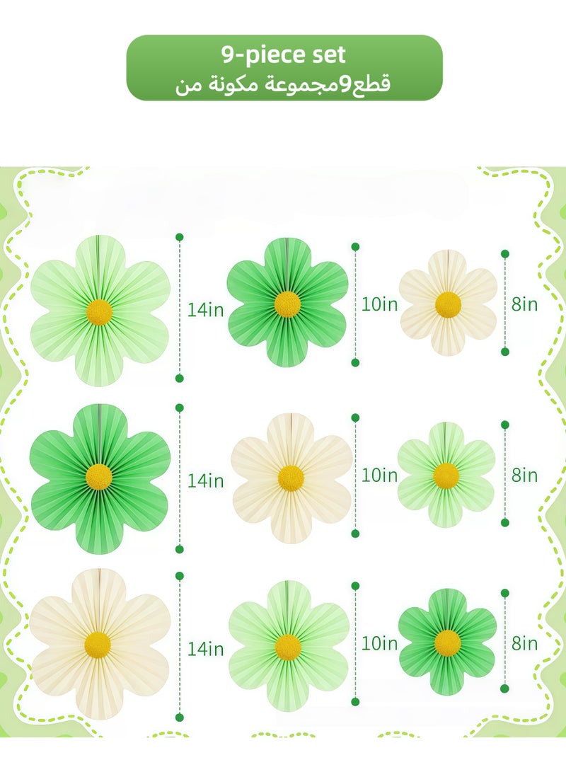9Pcs Paper Flower Fans Hanging Decorations, 3 Sizes 8/10/14 Inch Green & Cream Origami Paper Fan, Ramadan Eid Birthday Baby Shower Party Ceiling Wall Ornament Home Decor - Image 3