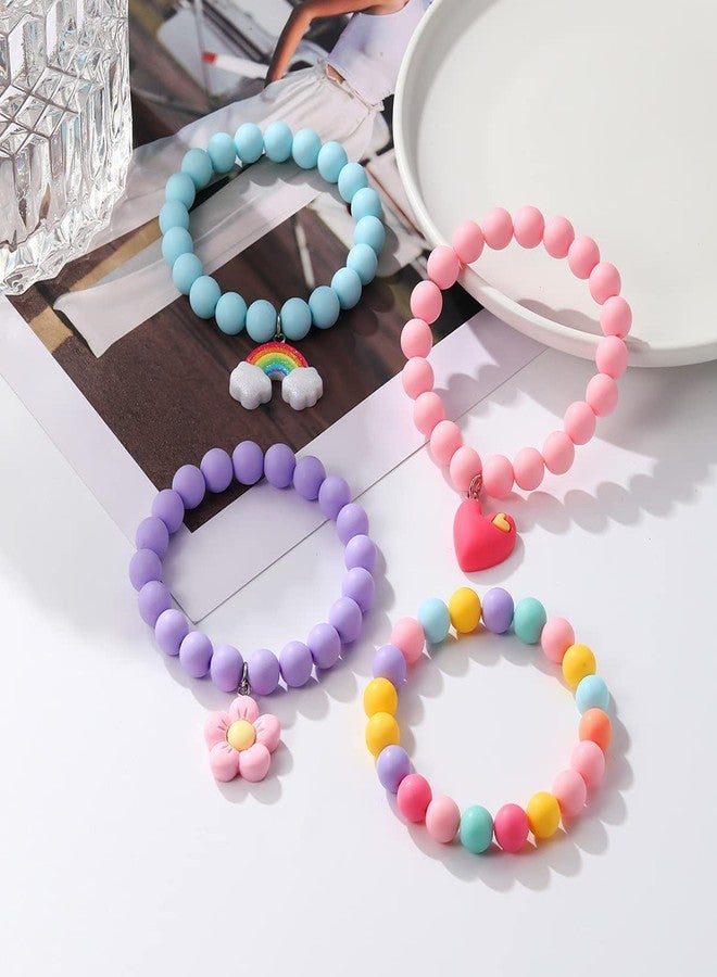 Pingyongchang Colorful Rainbow Flower Heart Charm Bracelets Set Y2k Friendship Acrylic Beaded Stretchy Strand Bracelet for Women Cute Preppy Party Favor Play Holiday Beach Jewelry Birthday Gifts-A - Image 3