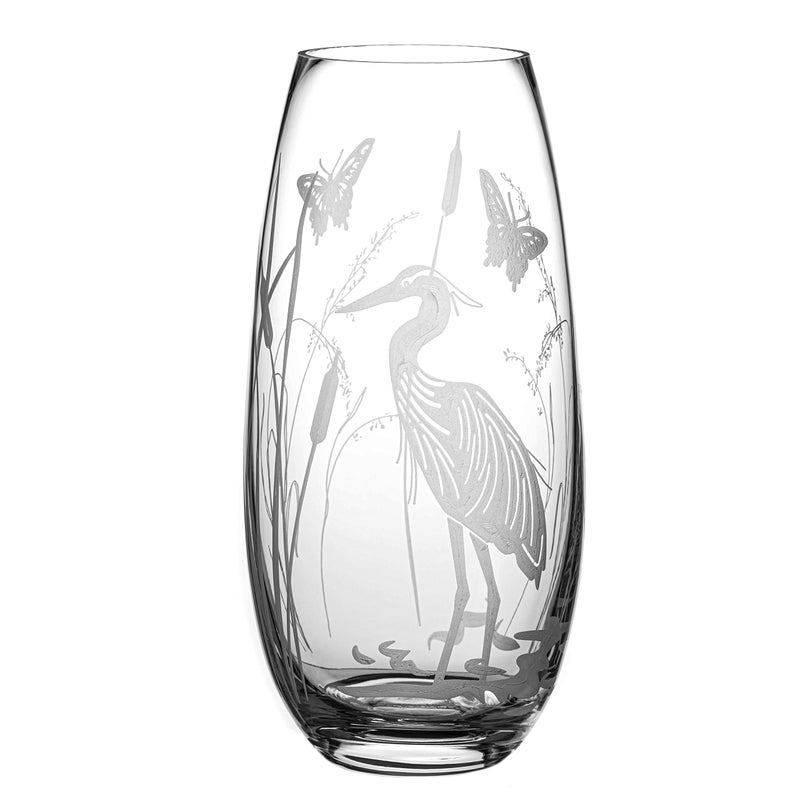 DIAMANTE Barrel Shaped Crystal Vase Heron  Etched Bird Botanical Wildlife Design Decoration Flower Vase  25cm