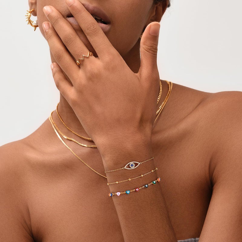 MEVECCO Bracelet for Women Gold Evil Eye Round Zirconia Pave 14K Gold Plated Dainty Chain Simple Protection Jewelry - Image 3