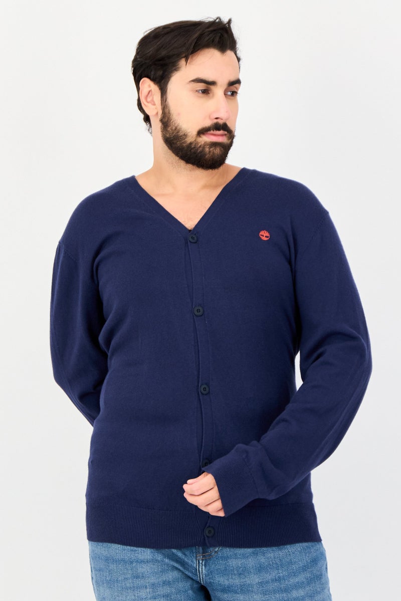 Timberland Men V-Neck Solid Cardigan, Navy - Image 1