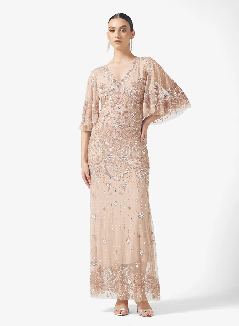Amelia Rose Flared Sleeve Embellished Maxi Dress