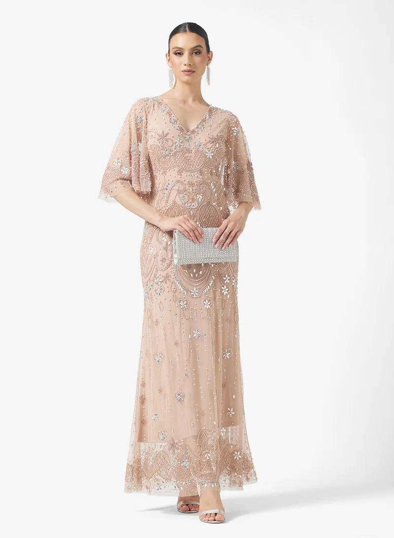 Amelia Rose Flared Sleeve Embellished Maxi Dress