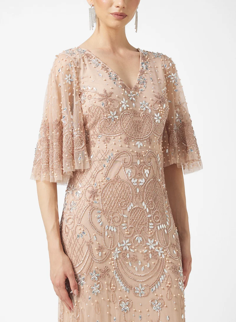 Amelia Rose Flared Sleeve Embellished Maxi Dress