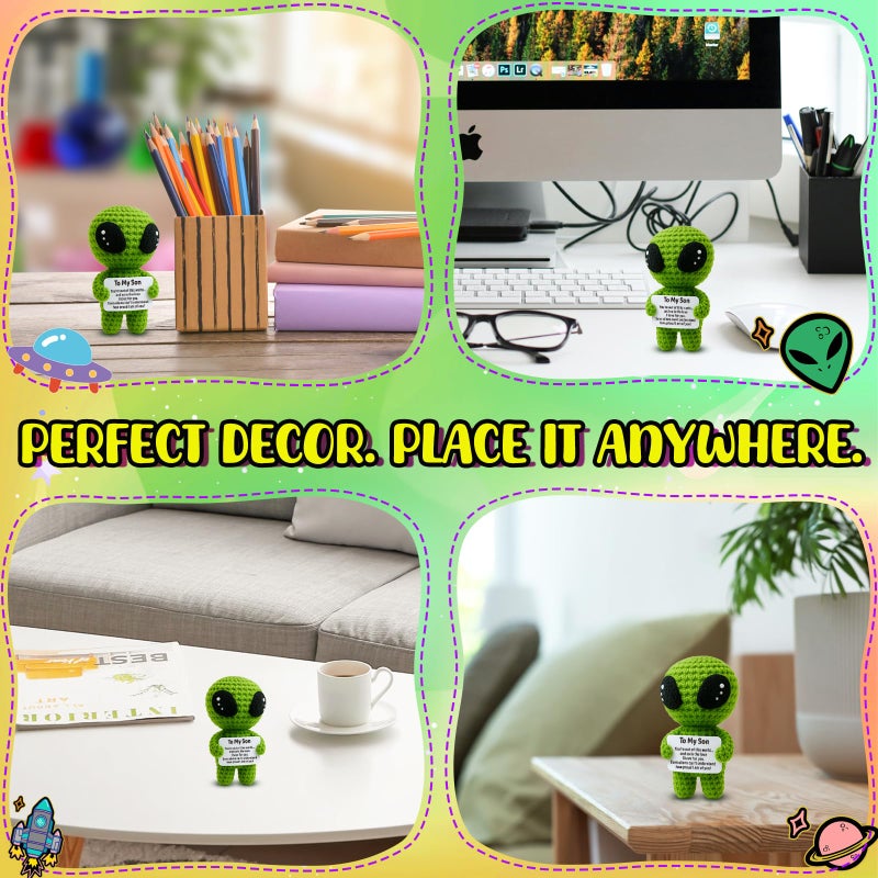 MAMAGIFTREE Valentine's Day to My Son Gifts from Mom or Dad for Easter Basket Stuffer - Handmade Crochet Alien Plush with Encouragement Message, Graduation, Proud of You Birthday Present for Your Son - Image 3
