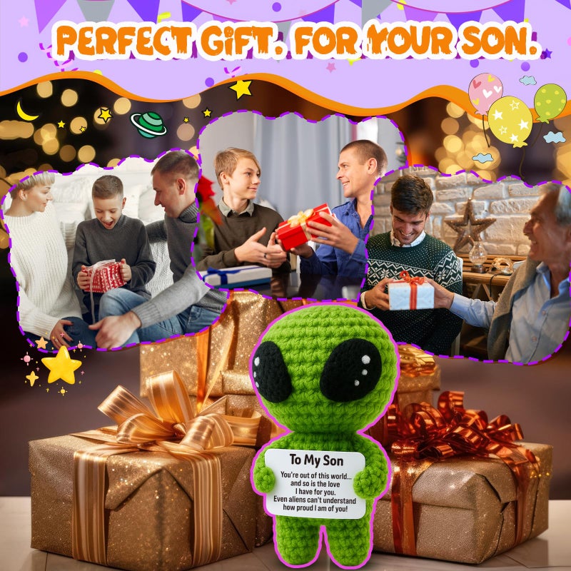 MAMAGIFTREE Valentine's Day to My Son Gifts from Mom or Dad for Easter Basket Stuffer - Handmade Crochet Alien Plush with Encouragement Message, Graduation, Proud of You Birthday Present for Your Son - Image 4
