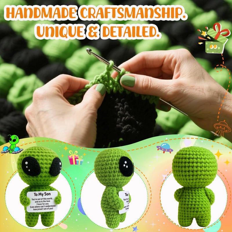 MAMAGIFTREE Valentine's Day to My Son Gifts from Mom or Dad for Easter Basket Stuffer - Handmade Crochet Alien Plush with Encouragement Message, Graduation, Proud of You Birthday Present for Your Son - Image 5
