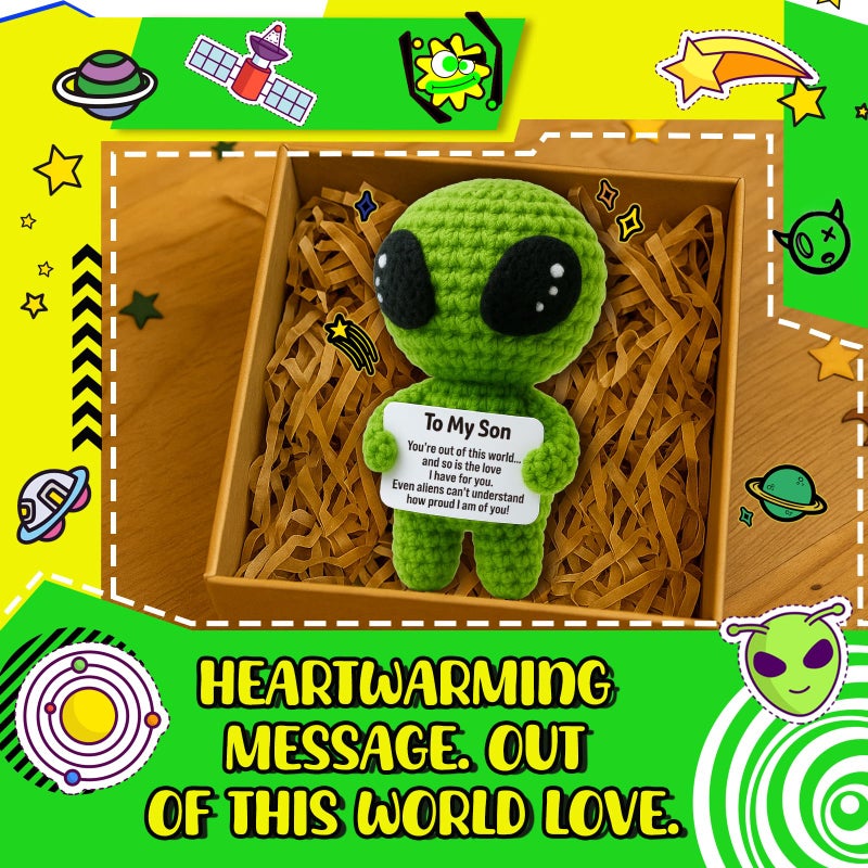 MAMAGIFTREE Valentine's Day to My Son Gifts from Mom or Dad for Easter Basket Stuffer - Handmade Crochet Alien Plush with Encouragement Message, Graduation, Proud of You Birthday Present for Your Son - Image 2
