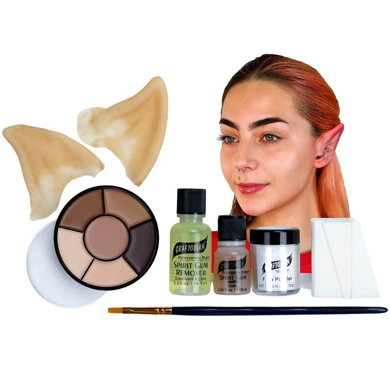 Graftobian Elf Ear Complete Makeup Kit  Elf Ears with Spirit Gum Adhesive and Skin Tone Makeup  for Cosplay Halloween Costumes  Theater  Full Color Instructions