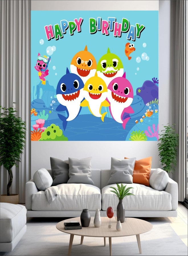 Party Baazaar Baby Shark Birthday Backdrop | Baby Shark Theme Banner For Kids Party | Happy Birthday Banner For Decoration (Pack of 1, Size: 5x4 Feet) - Image 2