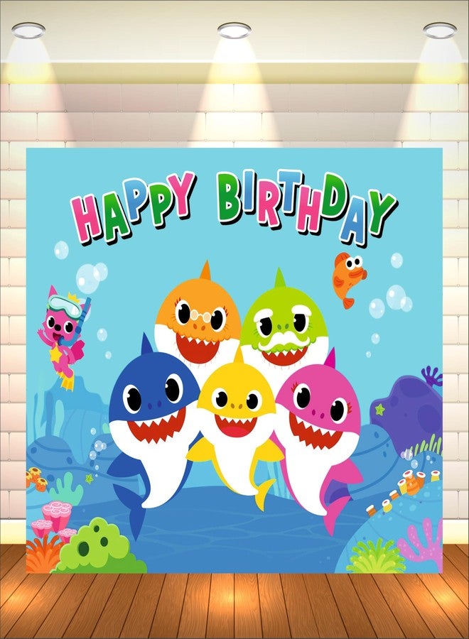 Party Baazaar Baby Shark Birthday Backdrop | Baby Shark Theme Banner For Kids Party | Happy Birthday Banner For Decoration (Pack of 1, Size: 5x4 Feet) - Image 1