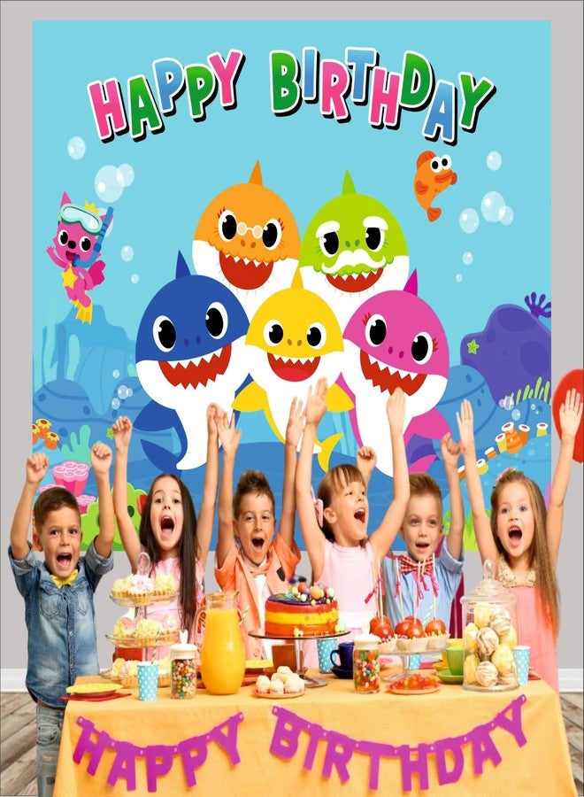 Party Baazaar Baby Shark Birthday Backdrop | Baby Shark Theme Banner For Kids Party | Happy Birthday Banner For Decoration (Pack of 1, Size: 5x4 Feet) - Image 5