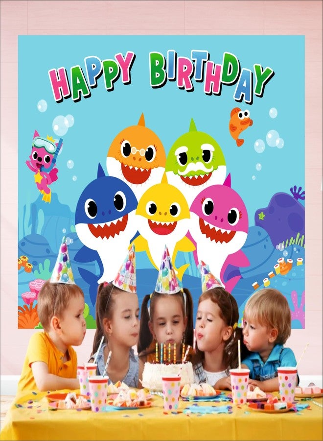 Party Baazaar Baby Shark Birthday Backdrop | Baby Shark Theme Banner For Kids Party | Happy Birthday Banner For Decoration (Pack of 1, Size: 5x4 Feet) - Image 4