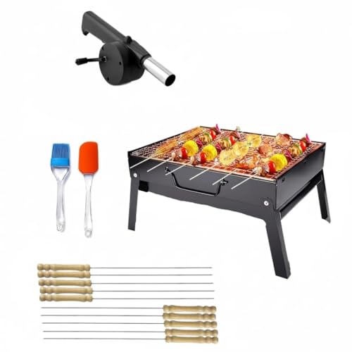 THEODORE Barbecue Grills - Foldable Charcoal Barbeque Grill With (2 Spatula, 1 Bbq, 12 Stick, 1 Air Blower) | Outdoor bbq grill tools for Camping Picnics Traveling - Stellar Black (Barbecue set) - Image 1