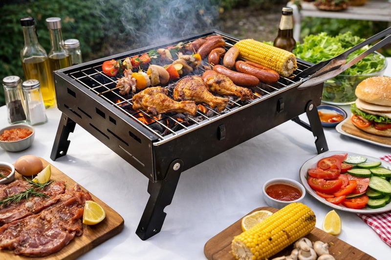 THEODORE Barbecue Grills - Foldable Charcoal Barbeque Grill With (2 Spatula, 1 Bbq, 12 Stick, 1 Air Blower) | Outdoor bbq grill tools for Camping Picnics Traveling - Stellar Black (Barbecue set) - Image 2
