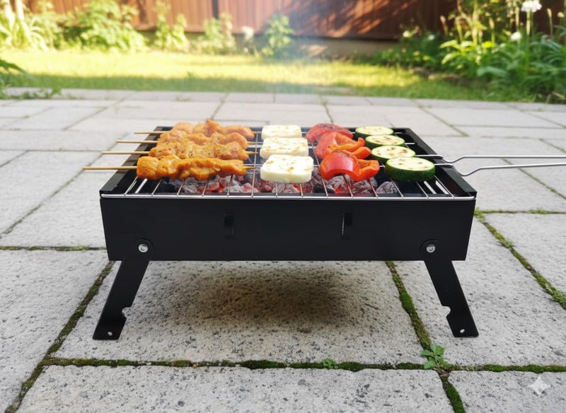 THEODORE Barbecue Grills - Foldable Charcoal Barbeque Grill With (2 Spatula, 1 Bbq, 12 Stick, 1 Air Blower) | Outdoor bbq grill tools for Camping Picnics Traveling - Stellar Black (Barbecue set) - Image 3