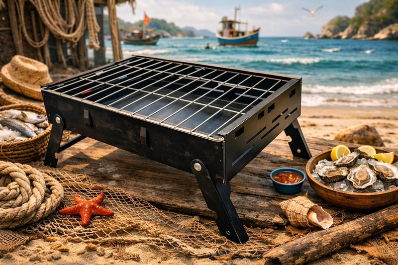THEODORE Barbecue Grills - Foldable Charcoal Barbeque Grill With (2 Spatula, 1 Bbq, 12 Stick, 1 Air Blower) | Outdoor bbq grill tools for Camping Picnics Traveling - Stellar Black (Barbecue set) - Image 4