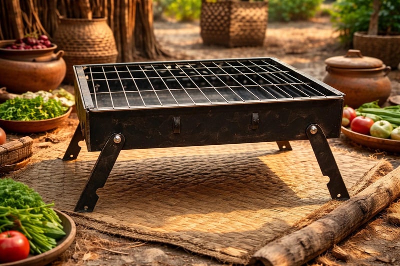 THEODORE Barbecue Grills - Foldable Charcoal Barbeque Grill With (2 Spatula, 1 Bbq, 12 Stick, 1 Air Blower) | Outdoor bbq grill tools for Camping Picnics Traveling - Stellar Black (Barbecue set) - Image 5