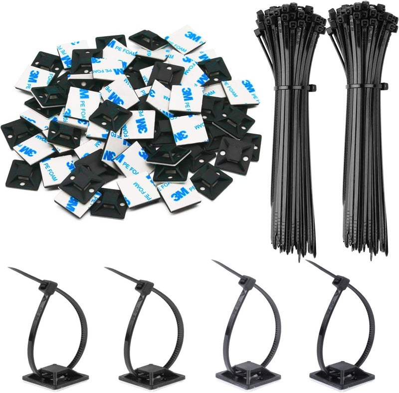 Rythcraft 140 Pack 3/4" Zip Tie Adhesive Mounts Self Adhesive Cable Base Holders with Multi-Purpose Tie wire clips with screw hole,Anchor stick on wire holder,Black - Image 1