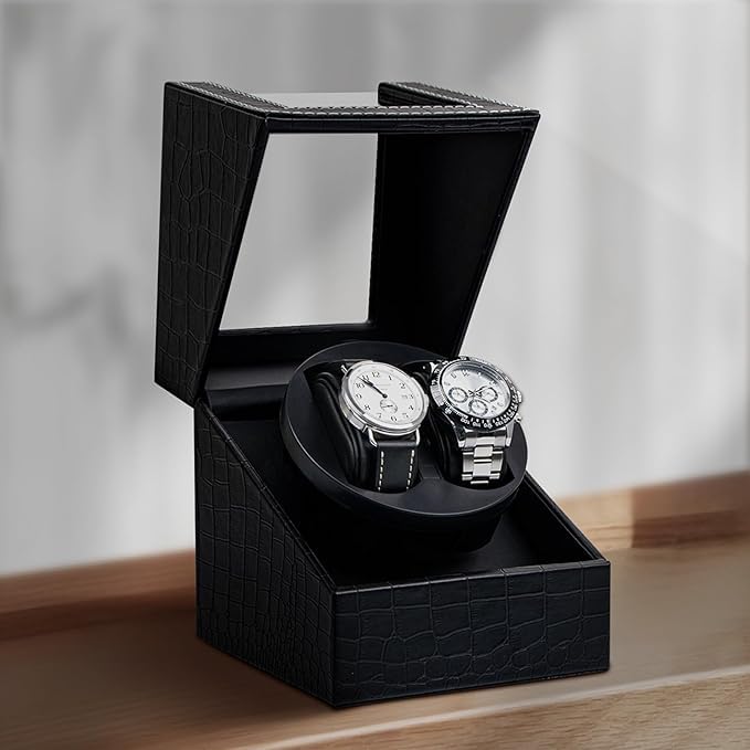 BeQuest: Quest For More Double Automatic Watch Winder Box, Automatic Watch Display Storage Rotation Wristwatch Box with 2 Slots-Black (CROC) - Image 3