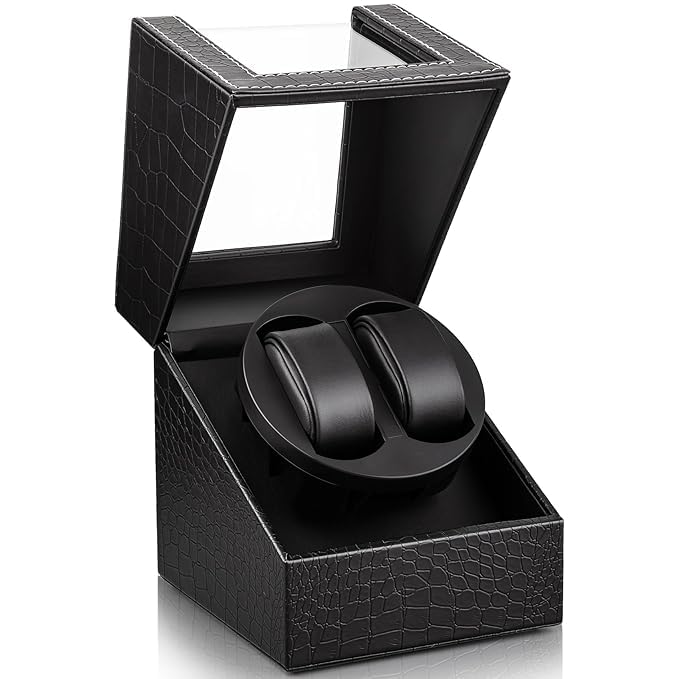 BeQuest: Quest For More Double Automatic Watch Winder Box, Automatic Watch Display Storage Rotation Wristwatch Box with 2 Slots-Black (CROC) - Image 1