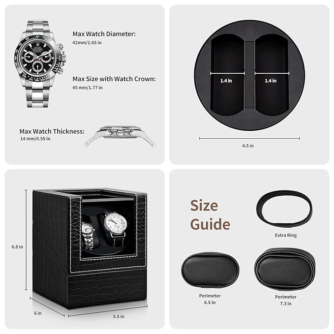 BeQuest: Quest For More Double Automatic Watch Winder Box, Automatic Watch Display Storage Rotation Wristwatch Box with 2 Slots-Black (CROC) - Image 2