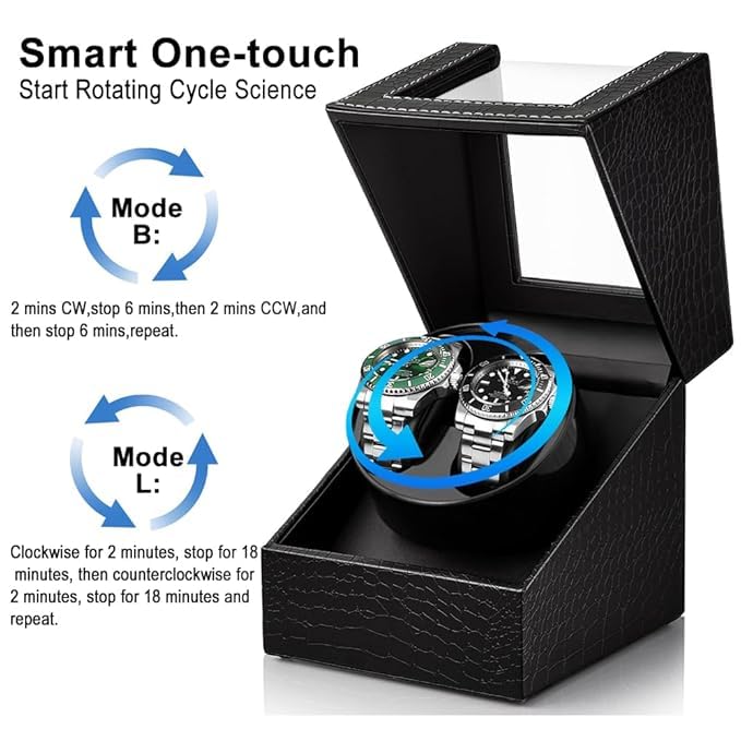 BeQuest: Quest For More Double Automatic Watch Winder Box, Automatic Watch Display Storage Rotation Wristwatch Box with 2 Slots-Black (CROC) - Image 4
