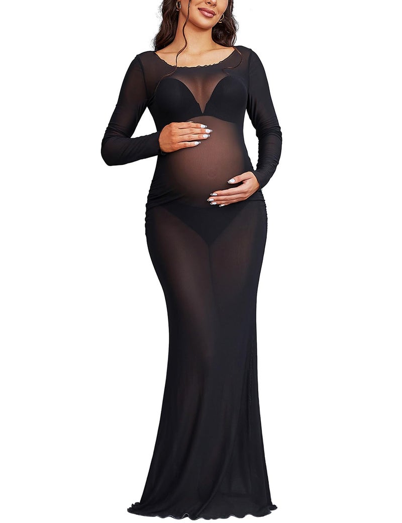 Bhome Maternity Photoshoot Dress Long Sleeve Sheer Mesh Maternity Maxi Gown Babyshower Black S - Image 1