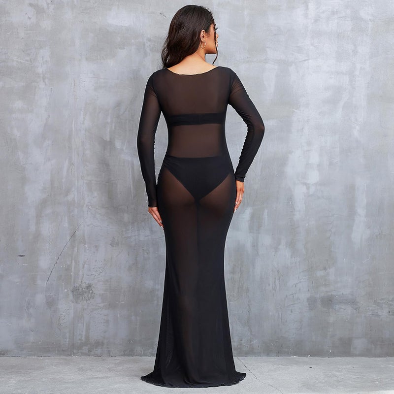Bhome Maternity Photoshoot Dress Long Sleeve Sheer Mesh Maternity Maxi Gown Babyshower Black S - Image 4