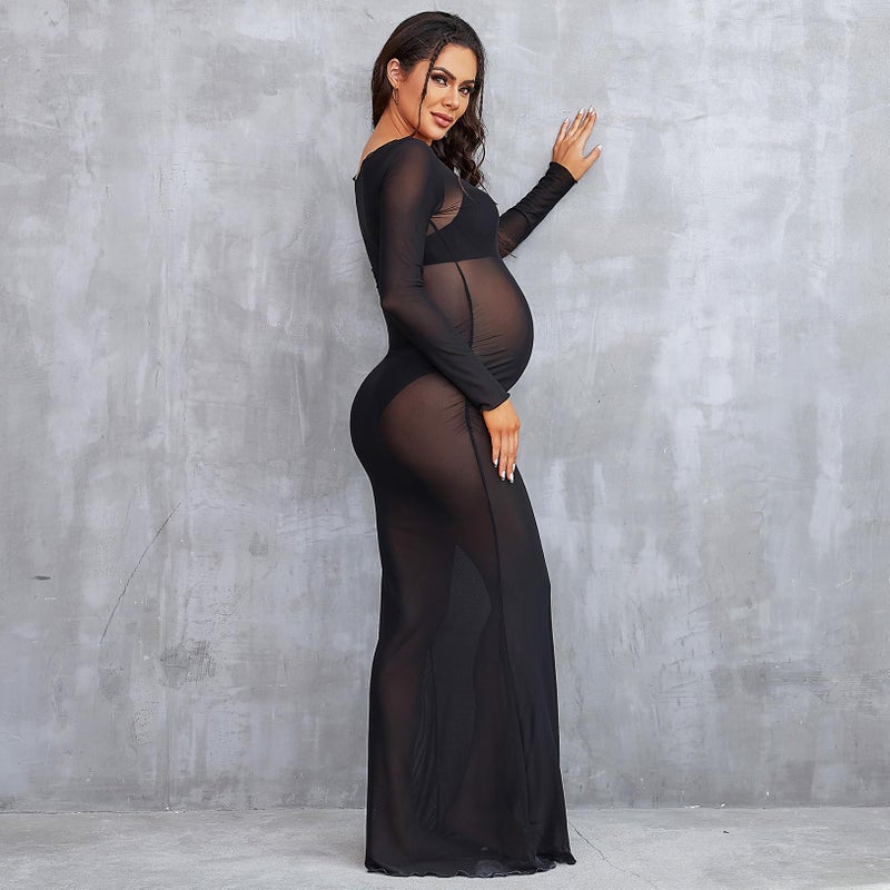 Bhome Maternity Photoshoot Dress Long Sleeve Sheer Mesh Maternity Maxi Gown Babyshower Black S - Image 3