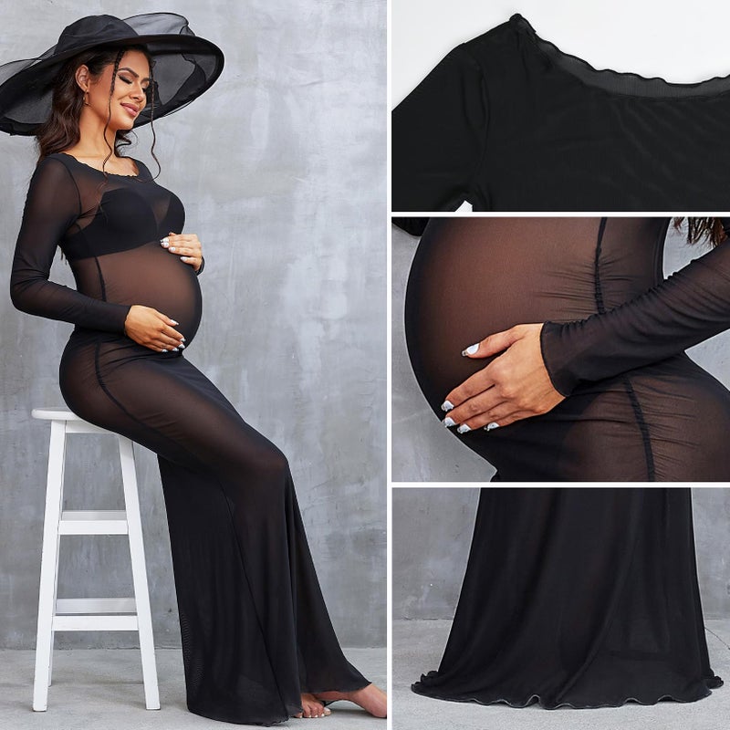 Bhome Maternity Photoshoot Dress Long Sleeve Sheer Mesh Maternity Maxi Gown Babyshower Black S - Image 5