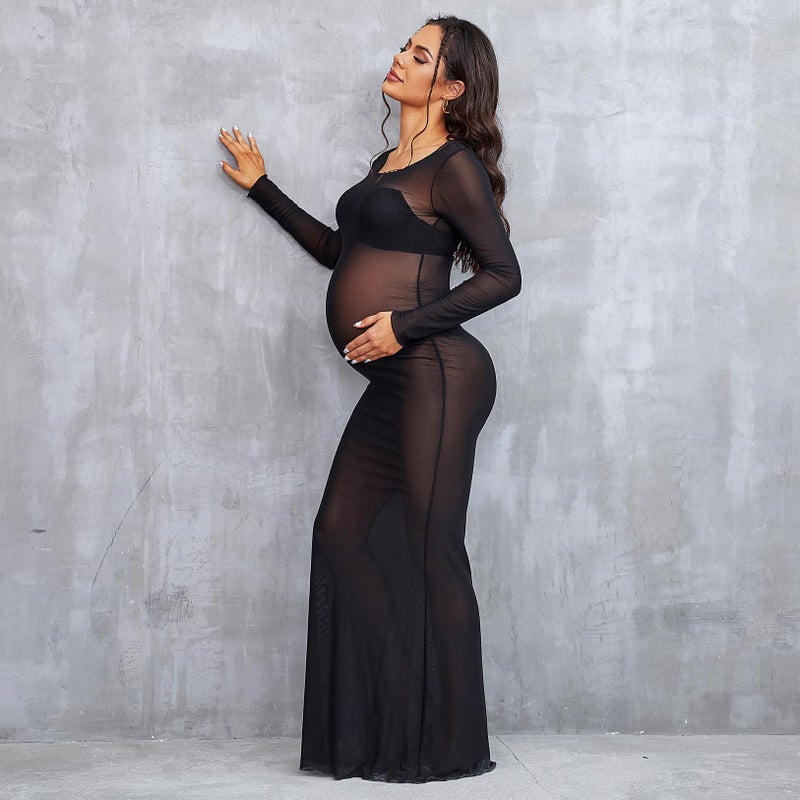 Bhome Maternity Photoshoot Dress Long Sleeve Sheer Mesh Maternity Maxi Gown Babyshower Black S - Image 2