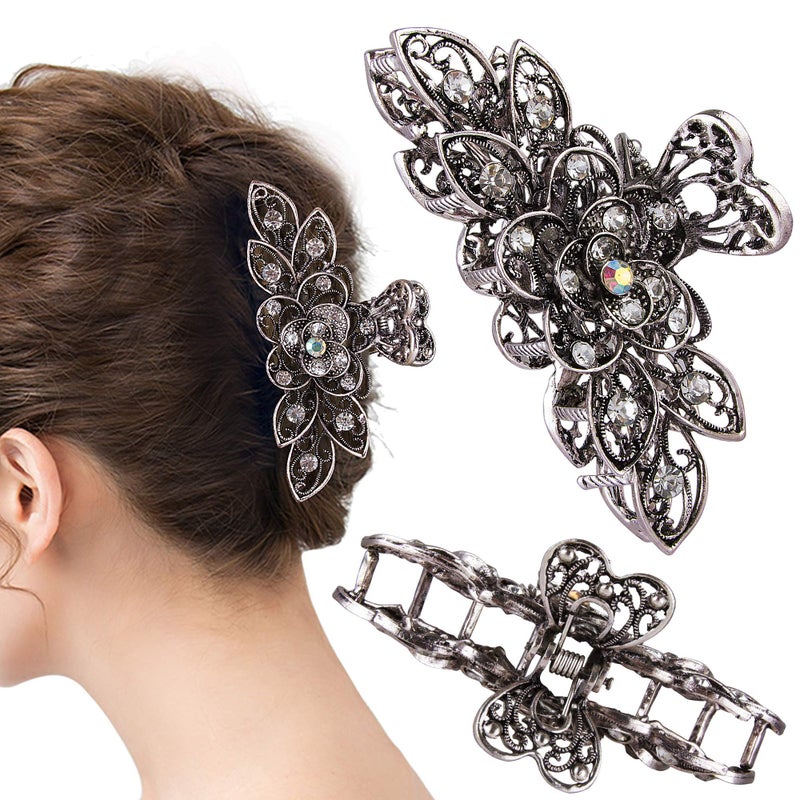 CROWN GUIDE Fancy Hair Claw Jaw Clips Pins For Womens Vintage Rhinestone Crystal Flowers Hair Barrette for Thick Hair Accessories White Silver