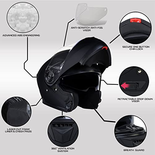 Milwaukee Helmets Breeze Flat Black Advanced Motorcycle Modular Helmet w/ Drop Down Visor for Men and Women DOT Approved MPH9814DOT - Small - Image 2